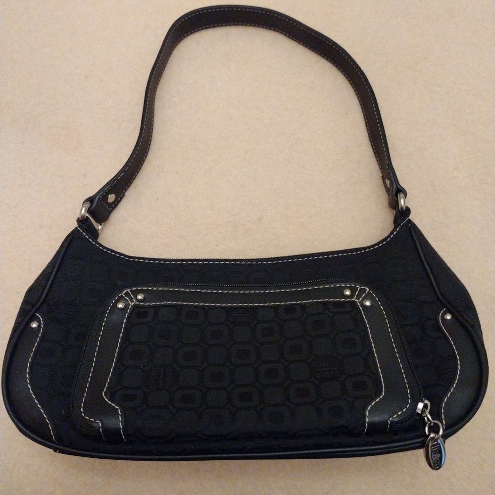 Liz & Co. Black Jacquard Multi-pocket Baguette purse w/ black faux leather trim